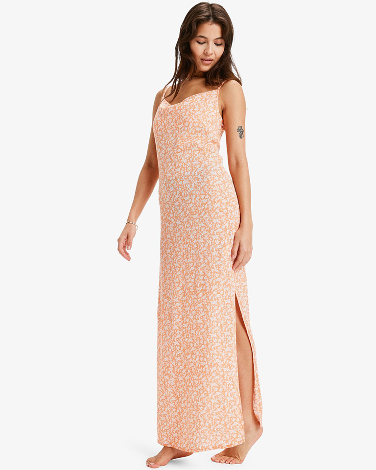 ROXY SEMI TROPIC MAXI CRINKLE NECTARINE VACA ALL DAY DITSY
